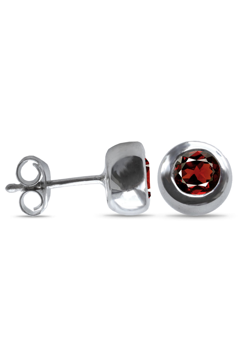 Garnet Rub-Over Stud Earrings in Silver