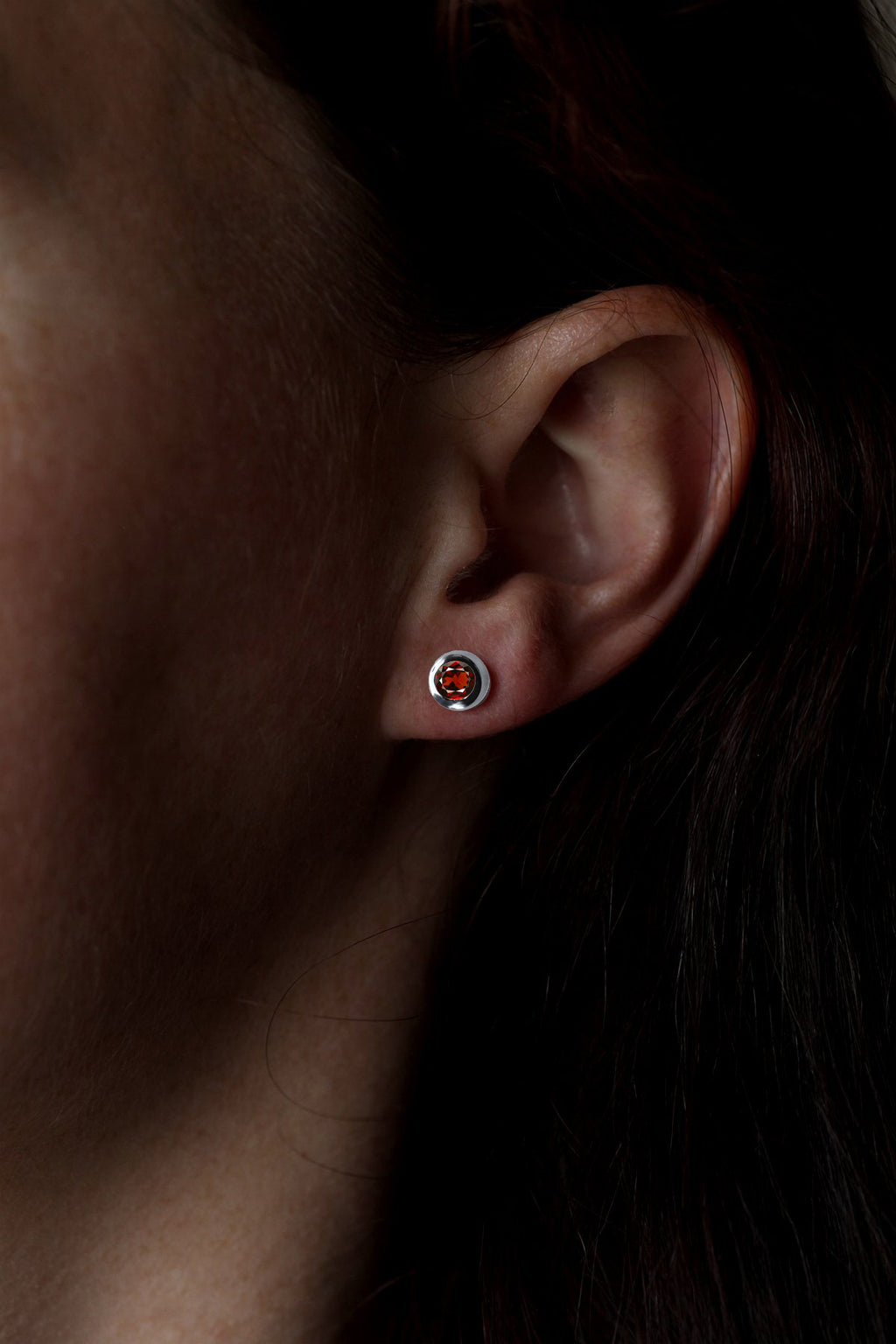 Garnet Rub-Over Stud Earrings in Silver