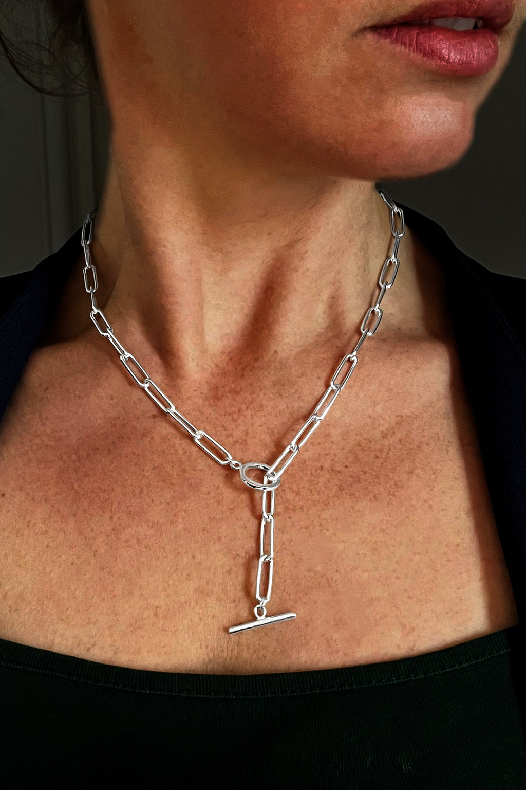 Silver Paperclip Necklace with T-bar