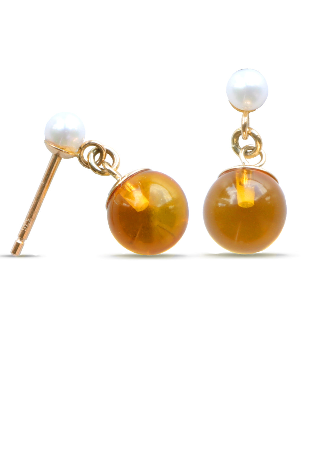 9ct Gold Earring Pearl/Amber Drop