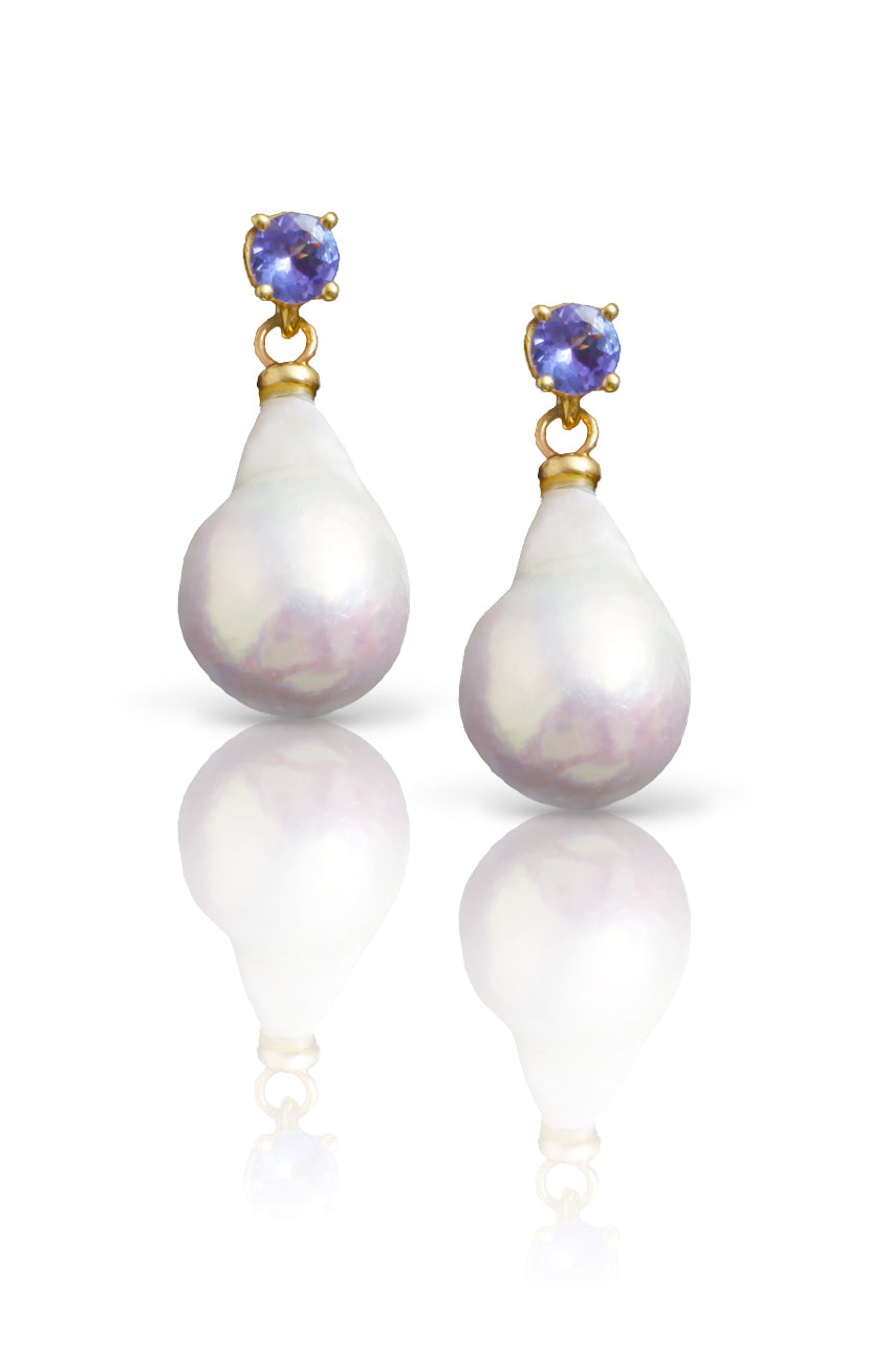 Baroque Pearl and Tanzanite Gold Earrings / Nina B Jewellery