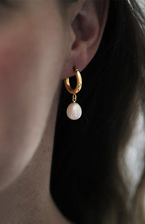 Pearl Drop Gold Hoop Earrings
