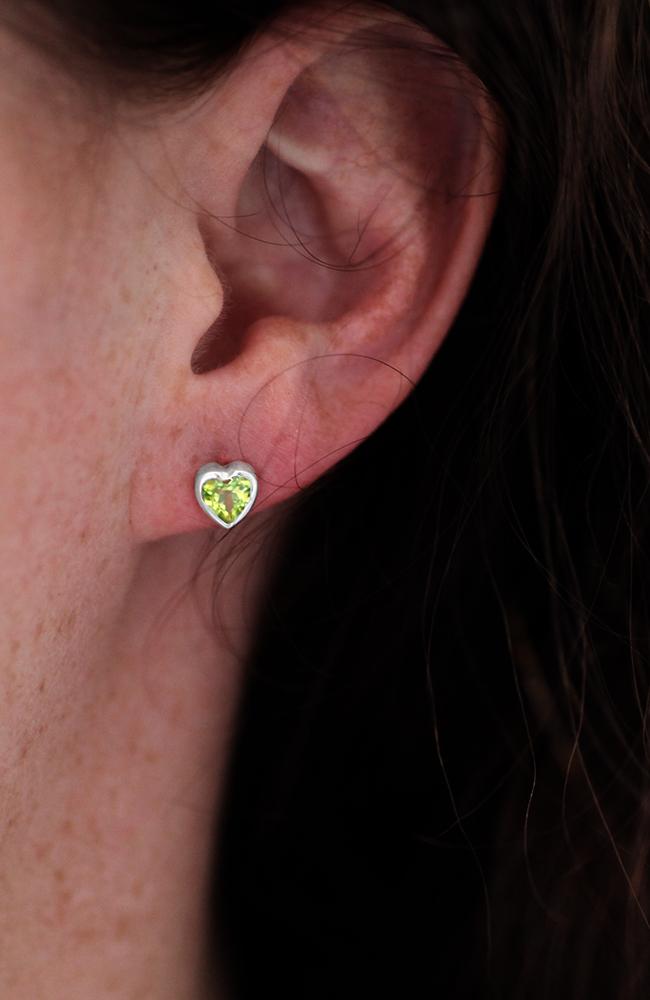 Silver Heart Peridot Stud Earrings