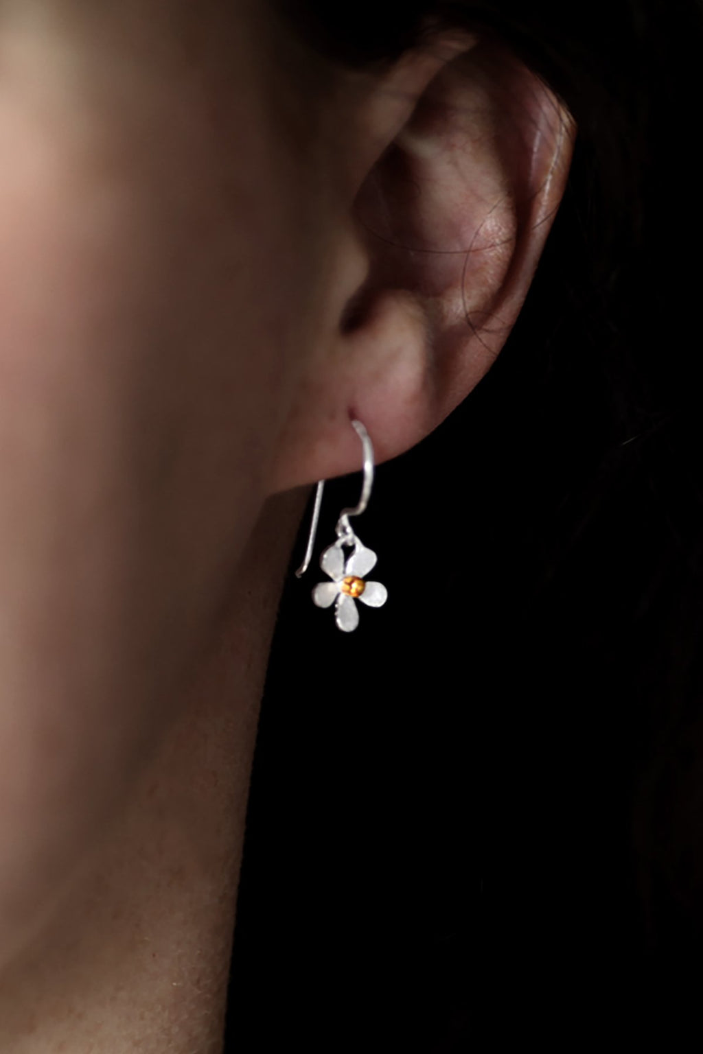 Silver flower drop earrings with gold plated centre