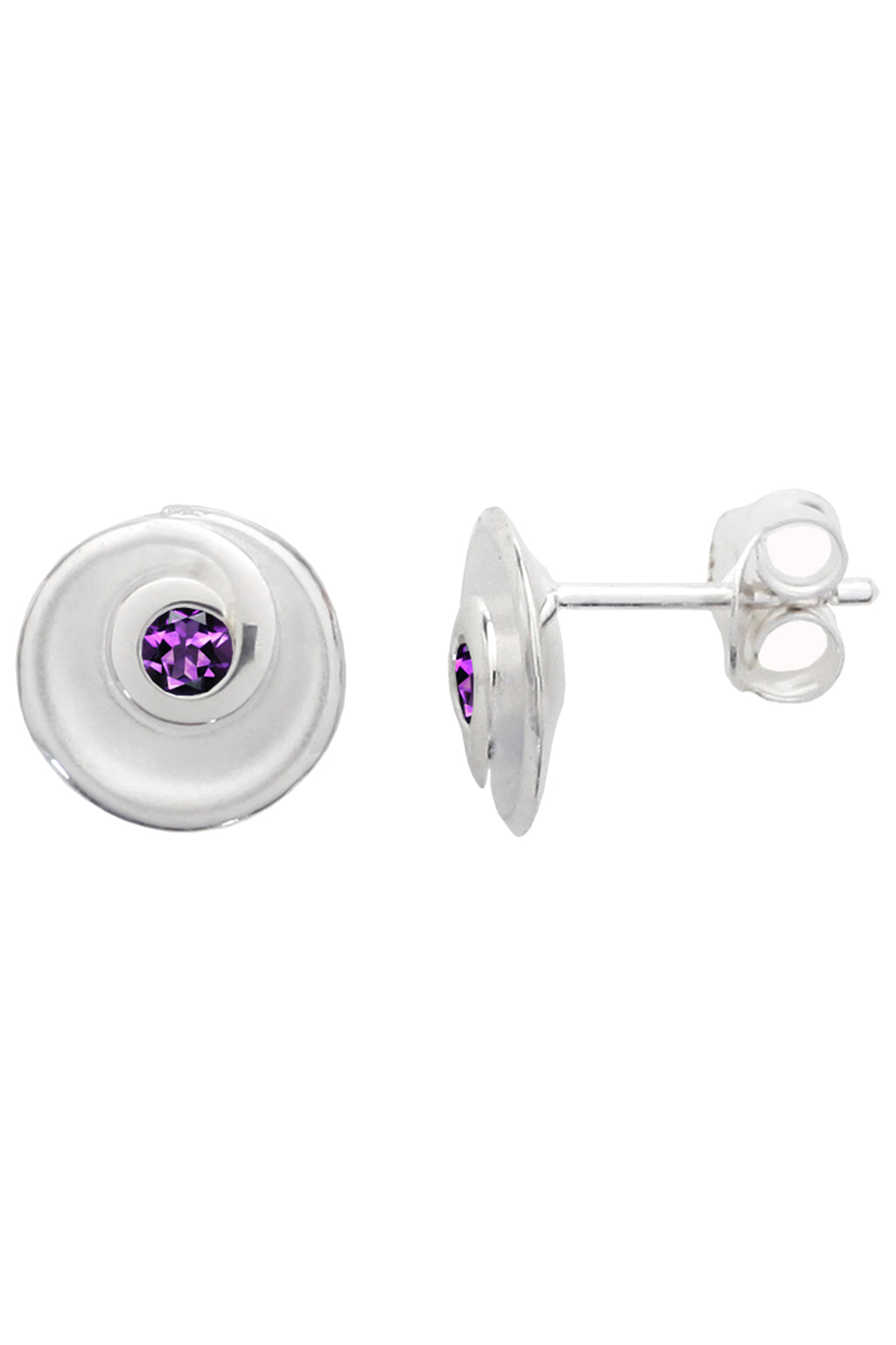 Silver Swirl Stud Earrings with Amethyst