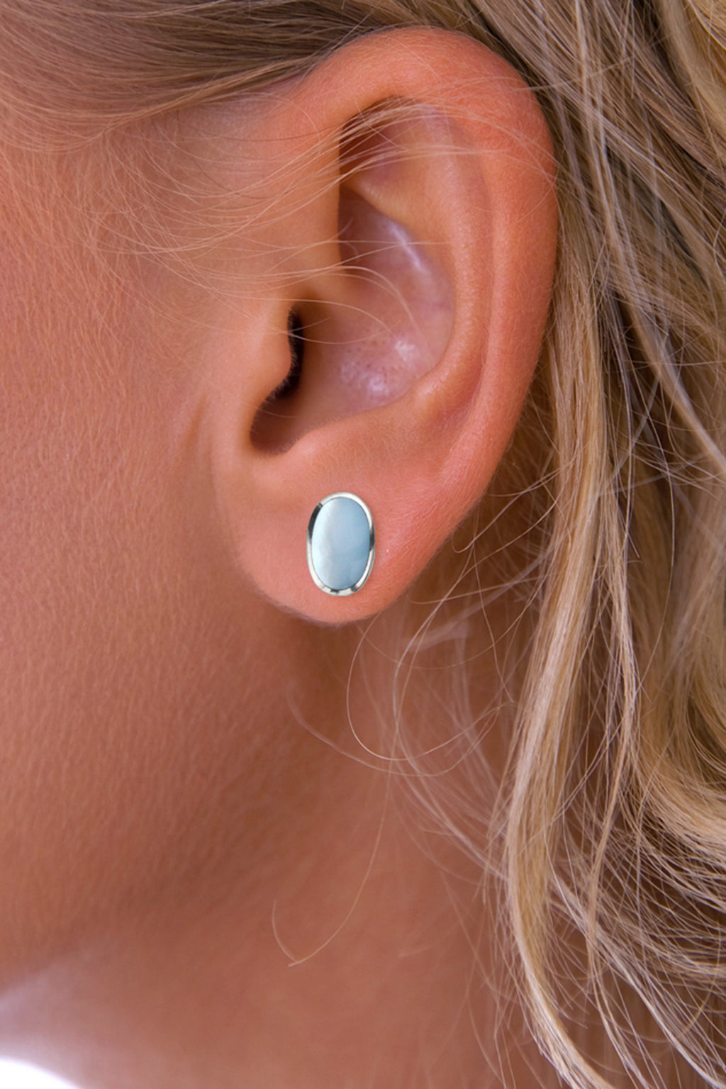 Silver Oval Blue Mother of Pearl Stud Earrings