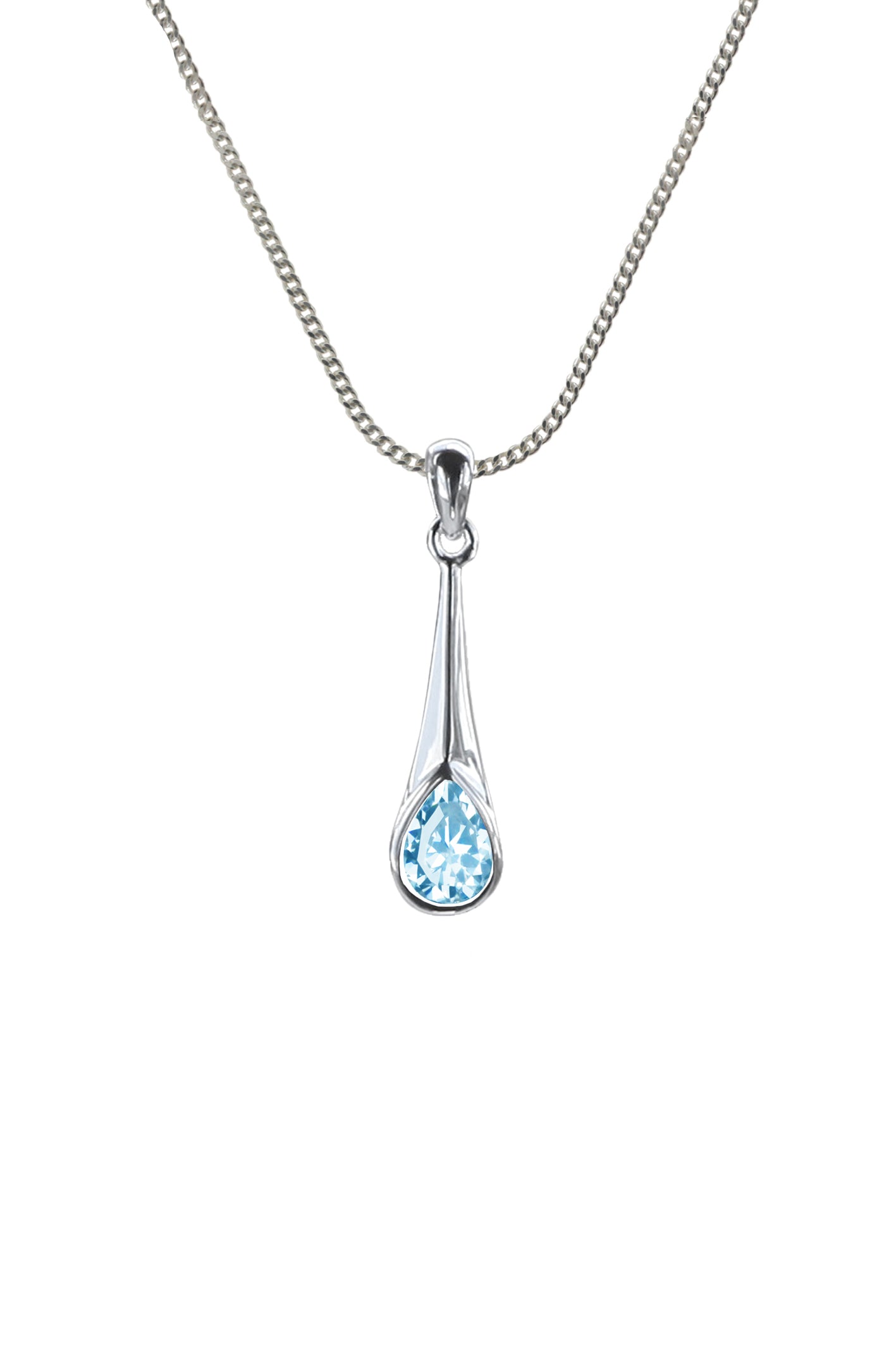 Sterling Silver Blue CZ Waterdrop Pendant Necklace – 18" Box Chain – Gift Box