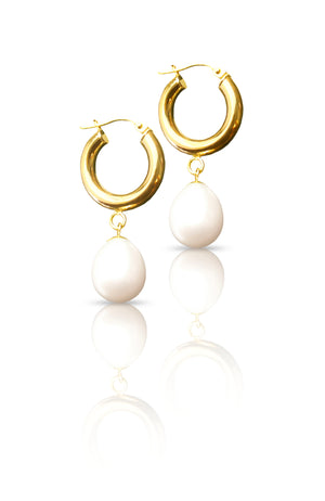 Pearl Drop Gold Hoop Earrings